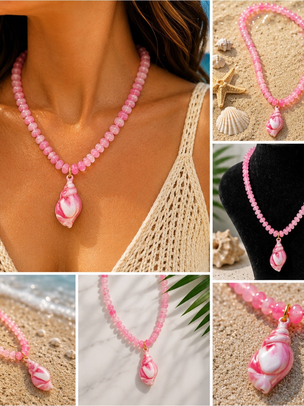Pink Beaded Shell Pendant Necklace - Women Jewelry